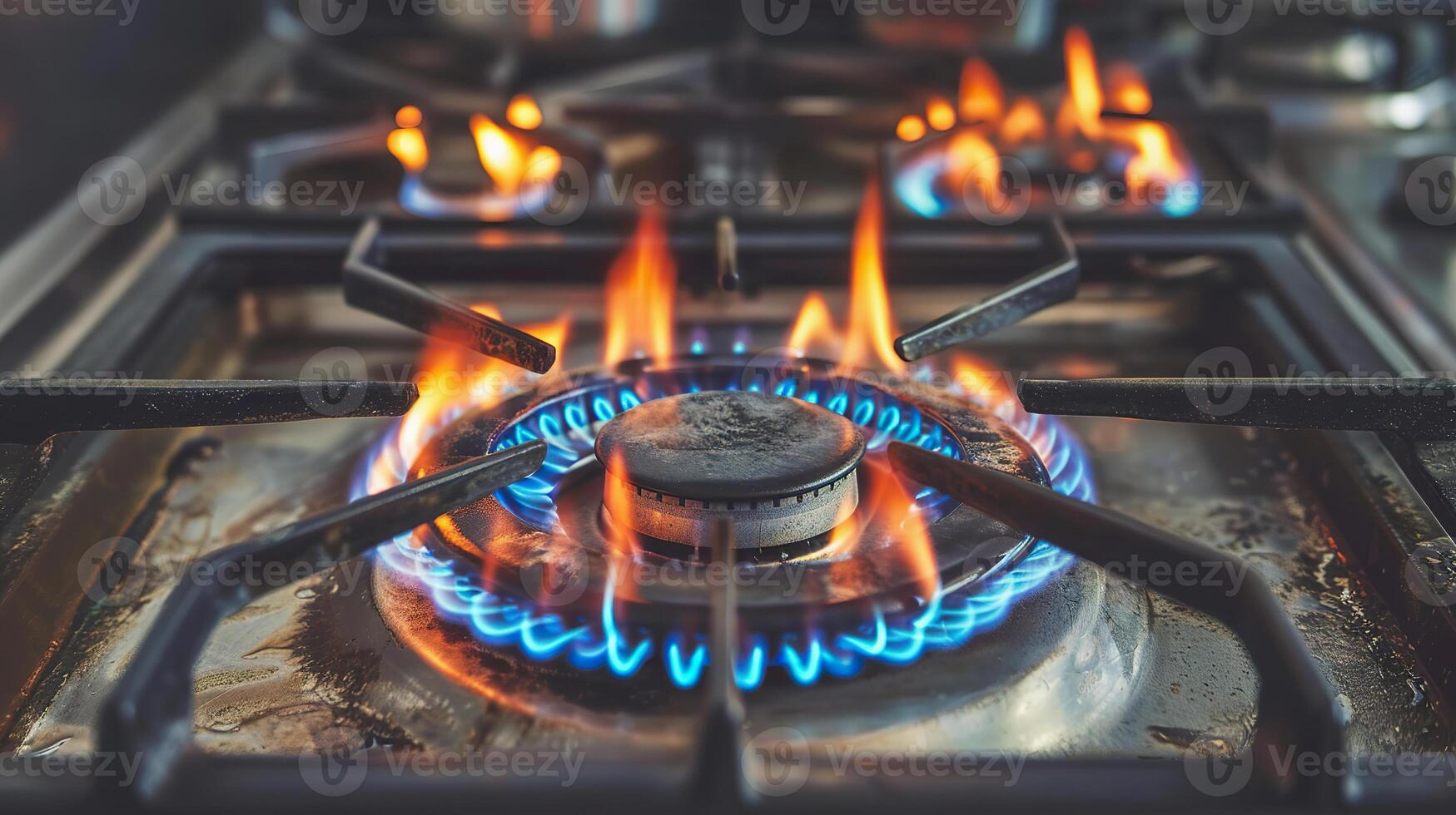Flames dance on a modern gas hob, creating a vibrant cooking atmosphere photo
