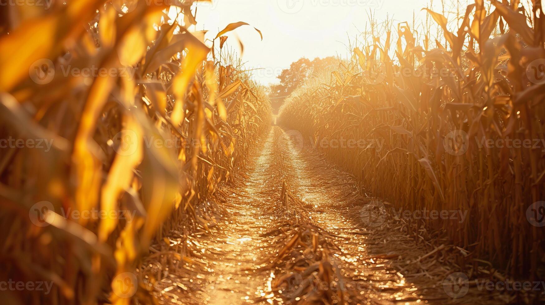 Entrance to corn maze, path surrounded by golden corn stalks at sunset. photo