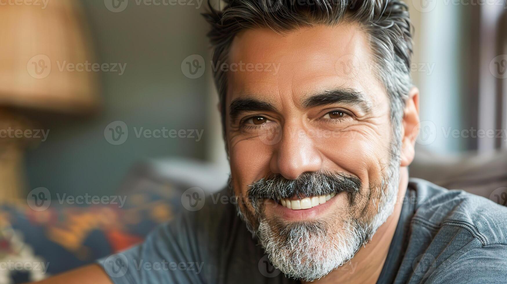 Portrait of a cheerful Hispanic man with a warm smile sitting indoors photo
