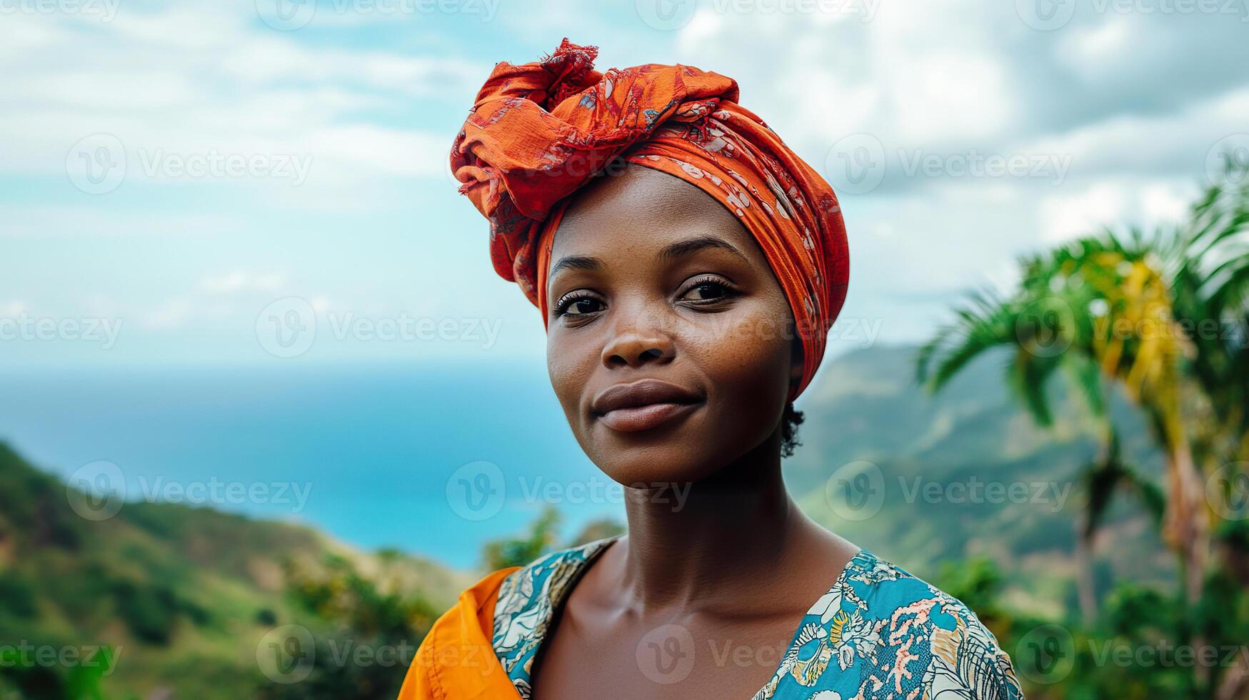 Beautiful Haitian woman in vibrant headwrap enjoying nature outdoors. photo