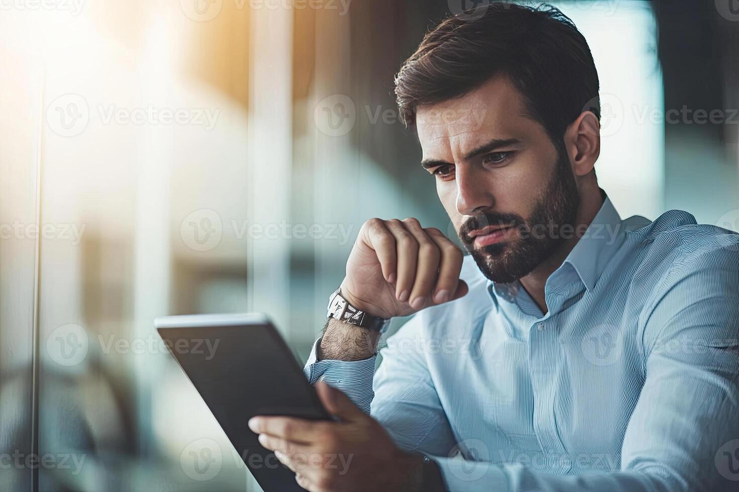 Close up of young businessman using digital tablet while sitting at his working place in office. Businessman using digital tablet photo