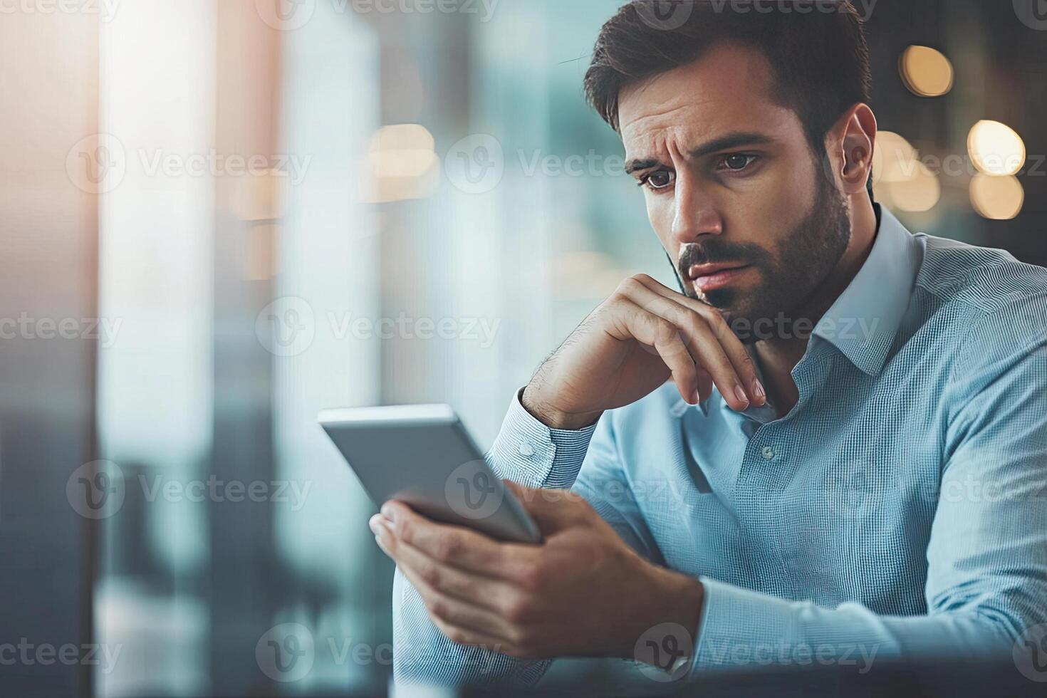 Close up of young businessman using digital tablet while sitting at his working place in office. Businessman using digital tablet photo