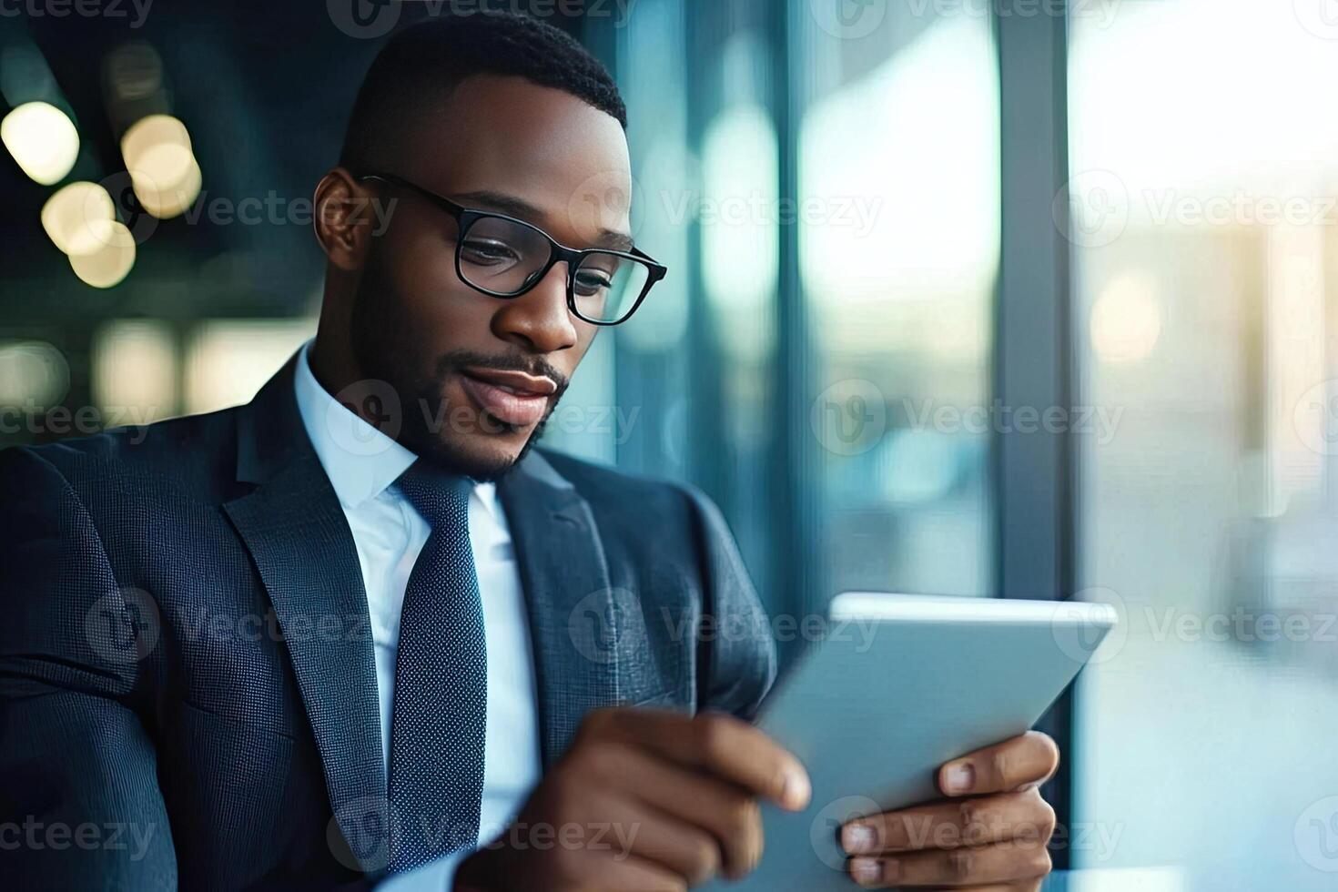Close up of young businessman using digital tablet while sitting at his working place in office. Businessman using digital tablet photo