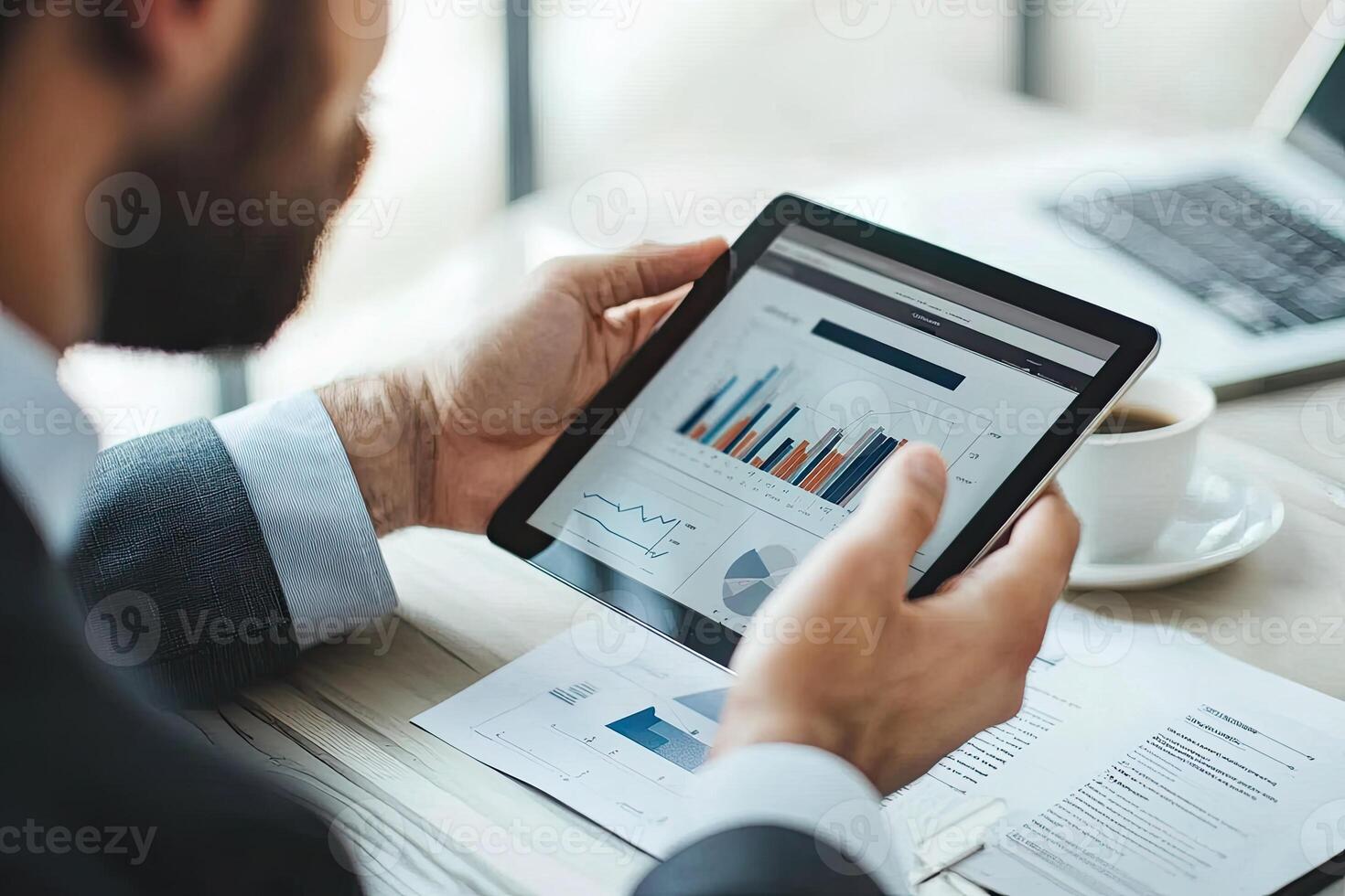 Close up of young businessman using digital tablet while sitting at his working place in office. Businessman using digital tablet photo