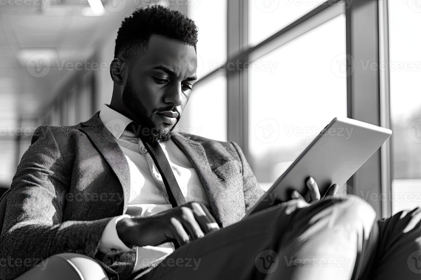 Close up of young businessman using digital tablet while sitting at his working place in office. Businessman using digital tablet photo