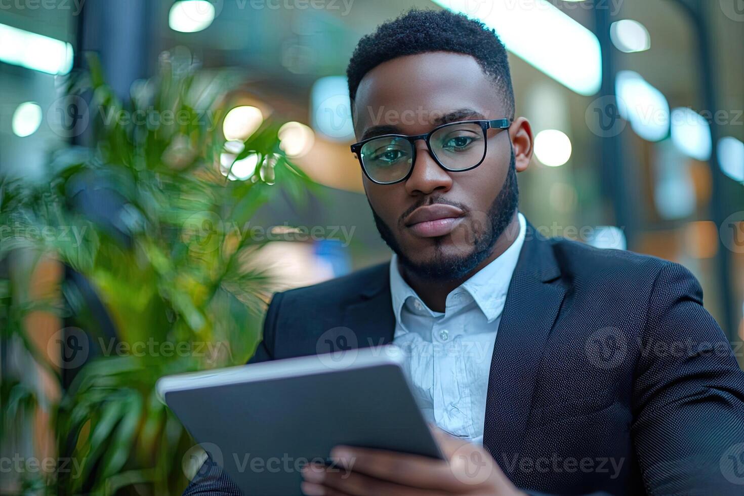 Close up of young businessman using digital tablet while sitting at his working place in office. Businessman using digital tablet photo
