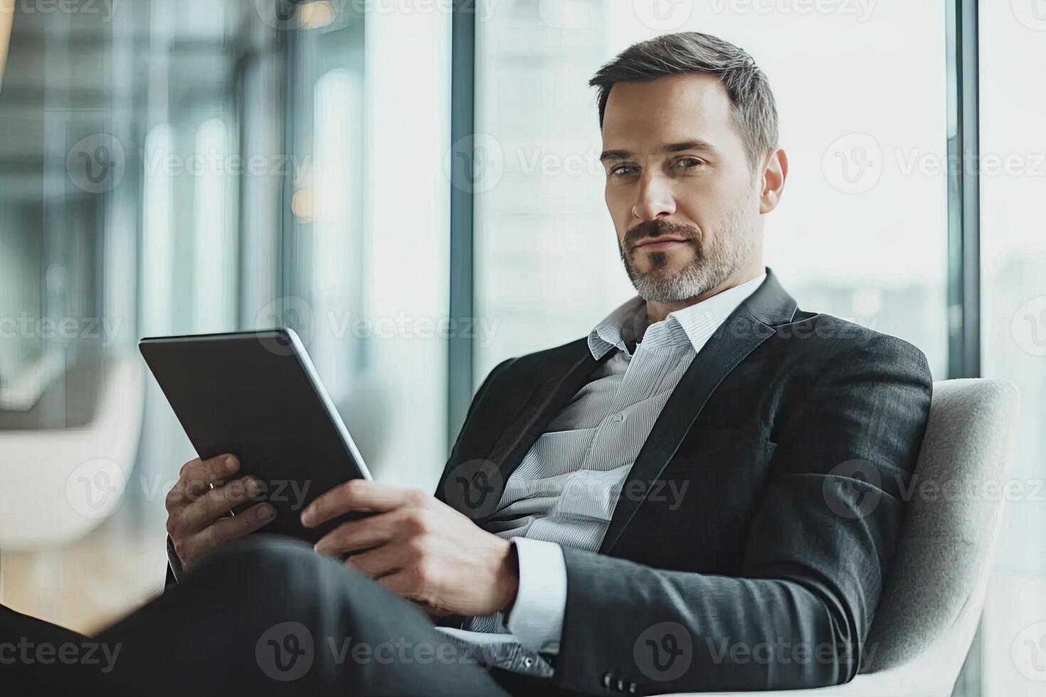 Close up of young businessman using digital tablet while sitting at his working place in office. Businessman using digital tablet photo