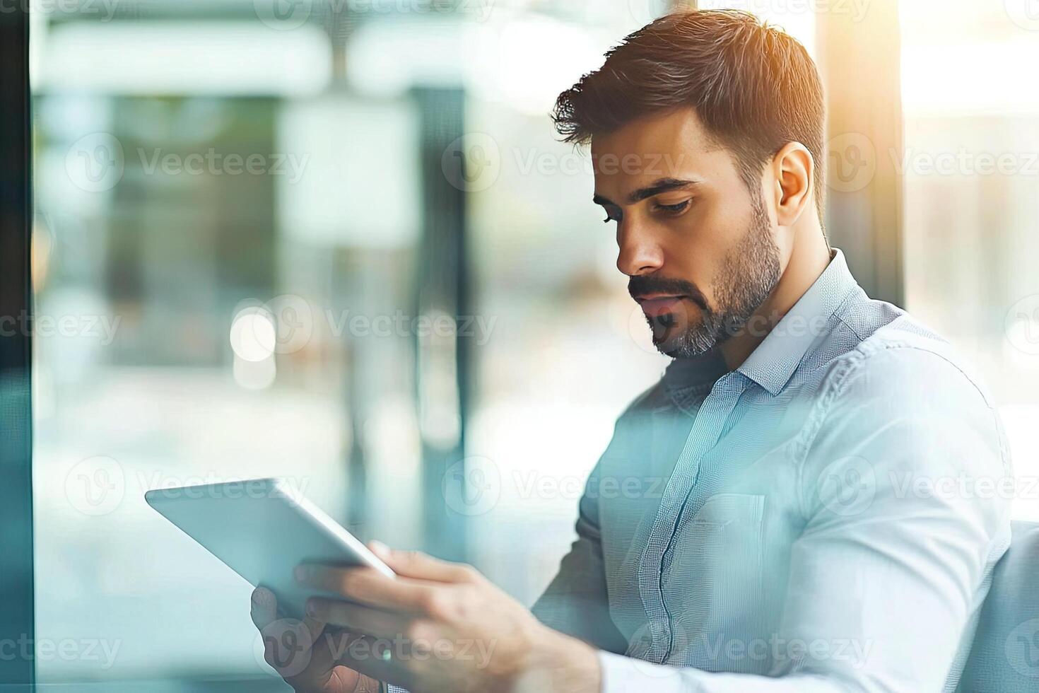 Close up of young businessman using digital tablet while sitting at his working place in office. Businessman using digital tablet photo