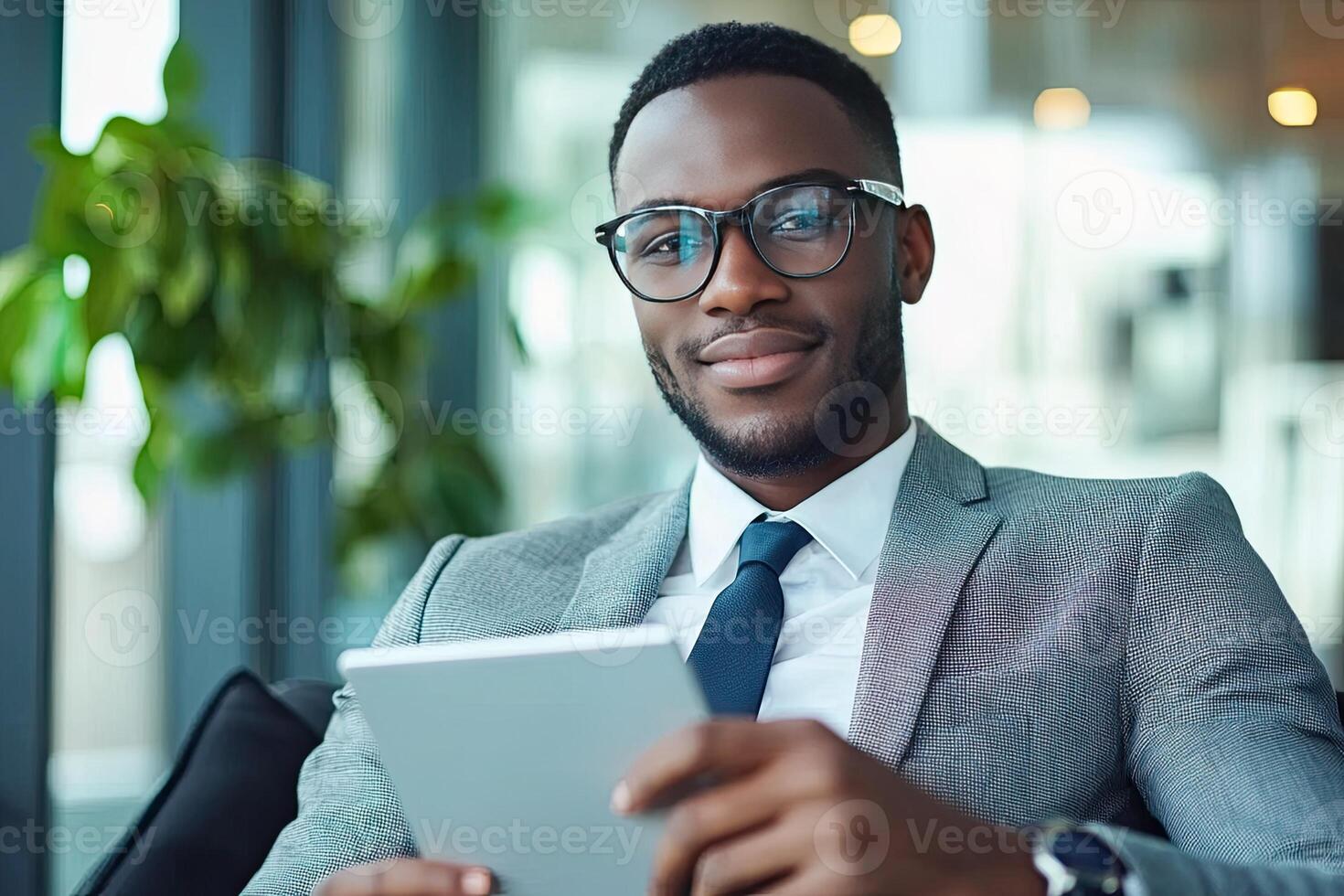 Close up of young businessman using digital tablet while sitting at his working place in office. Businessman using digital tablet photo