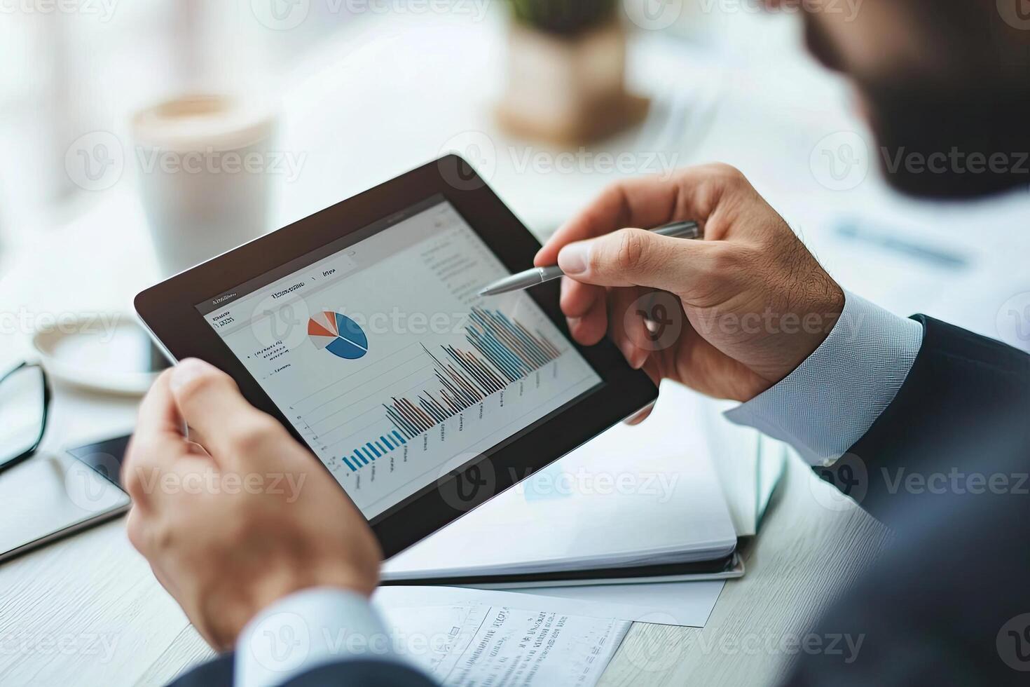Close up of young businessman using digital tablet while sitting at his working place in office. Businessman using digital tablet photo