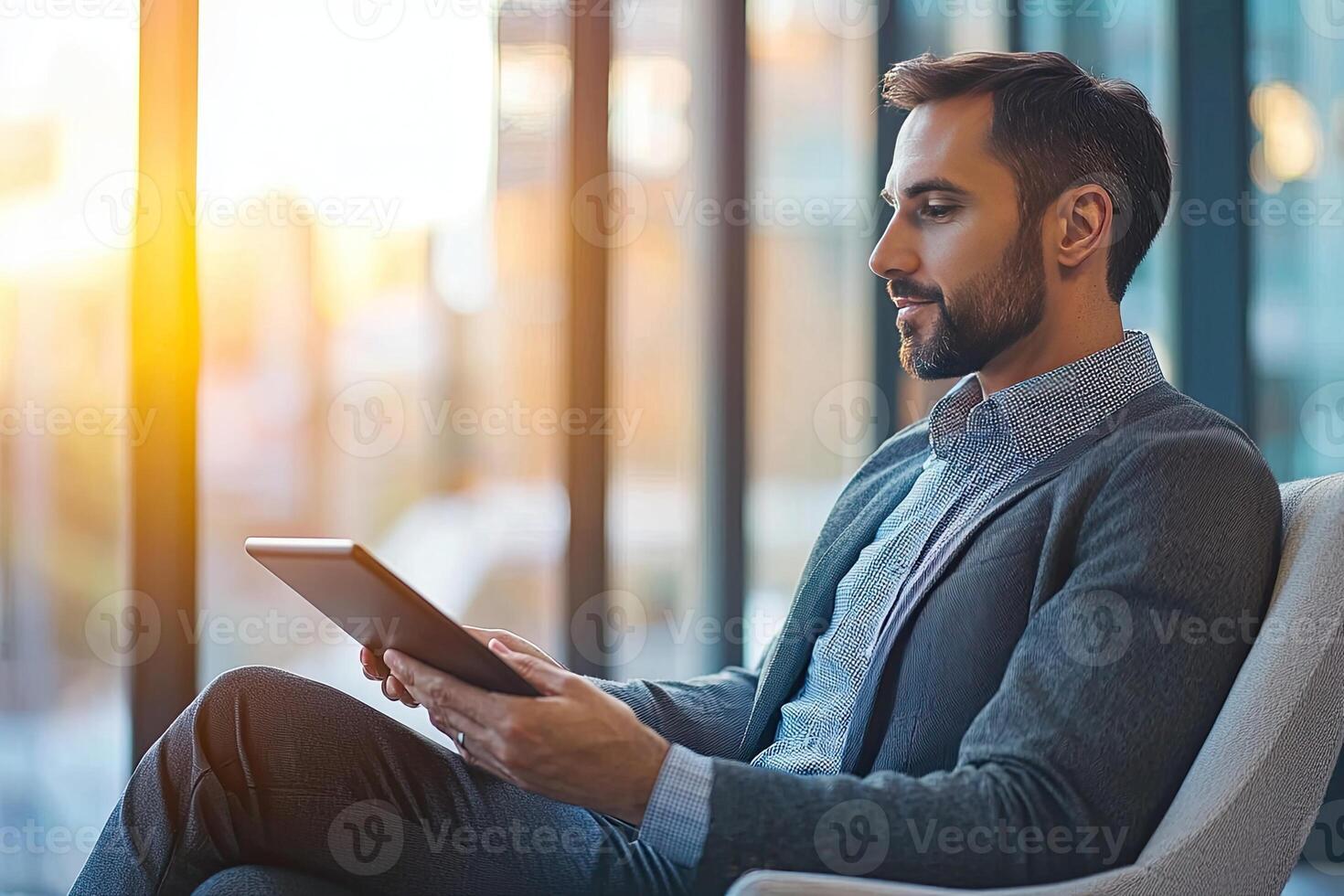 Close up of young businessman using digital tablet while sitting at his working place in office. Businessman using digital tablet photo