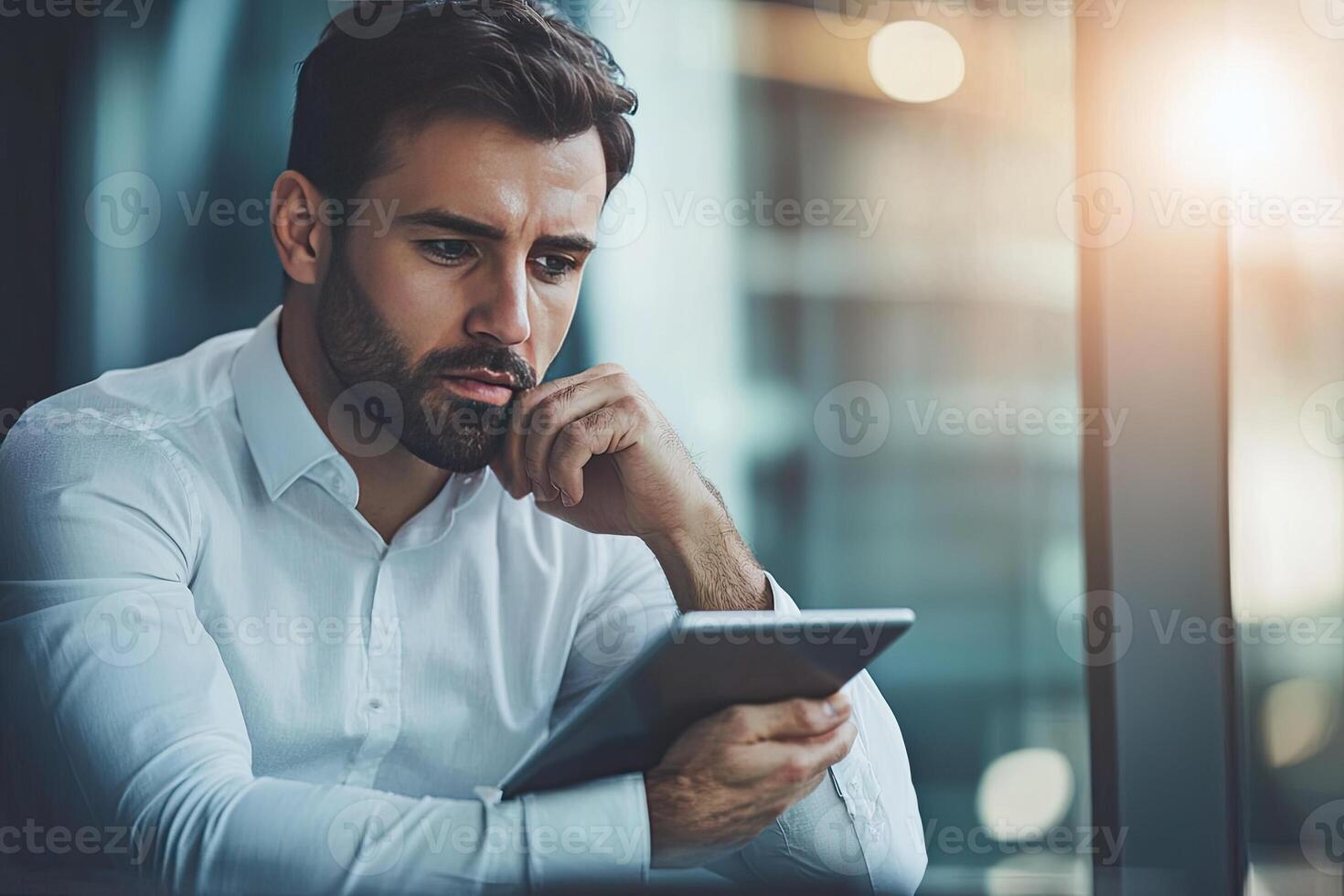 Close up of young businessman using digital tablet while sitting at his working place in office. Businessman using digital tablet photo