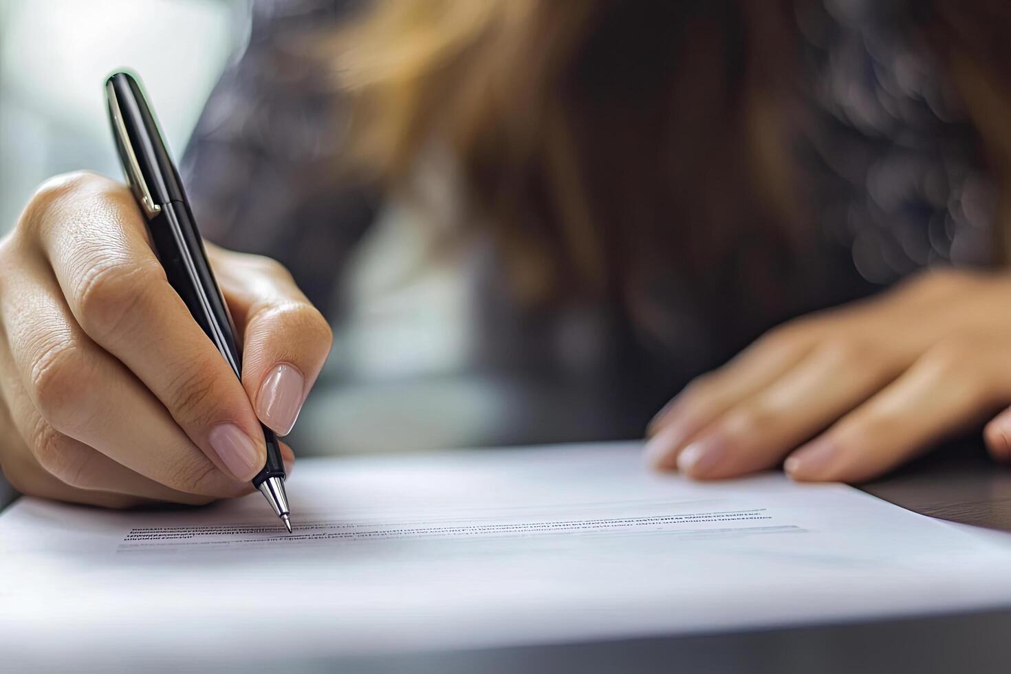 Close up of businesswoman hand signing contract or agreement with pen photo