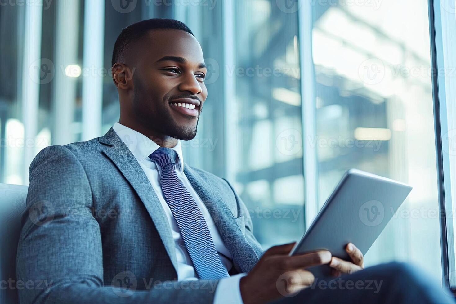 Close up of young businessman using digital tablet while sitting at his working place in office. Businessman using digital tablet photo