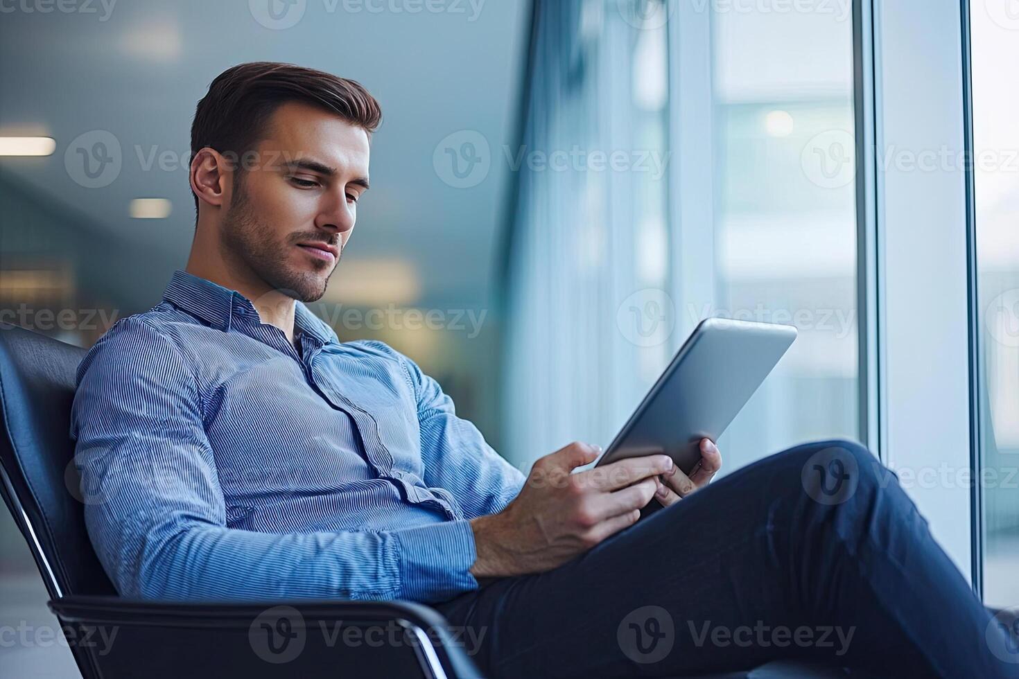Close up of young businessman using digital tablet while sitting at his working place in office. Businessman using digital tablet photo