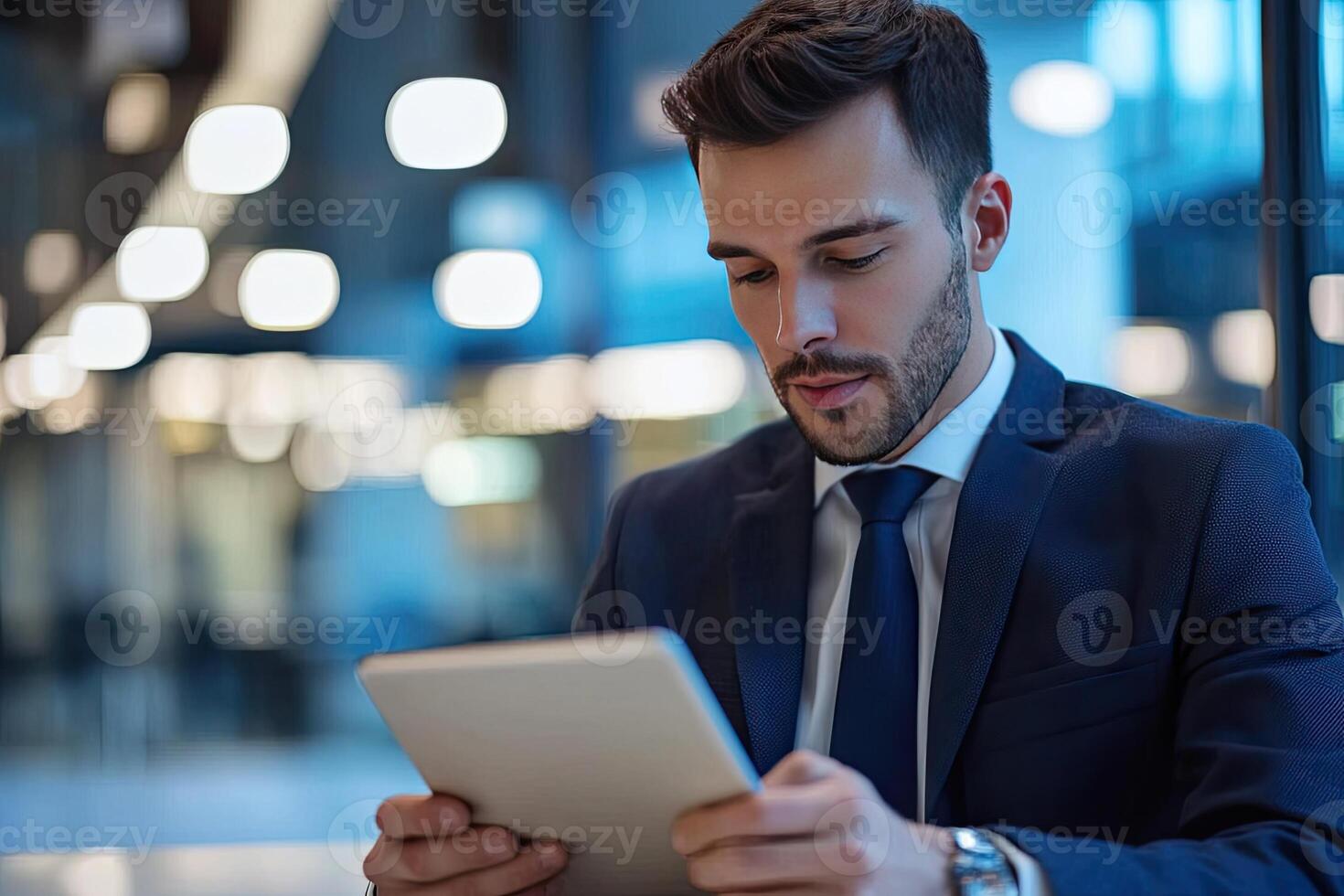 Close up of young businessman using digital tablet while sitting at his working place in office. Businessman using digital tablet photo