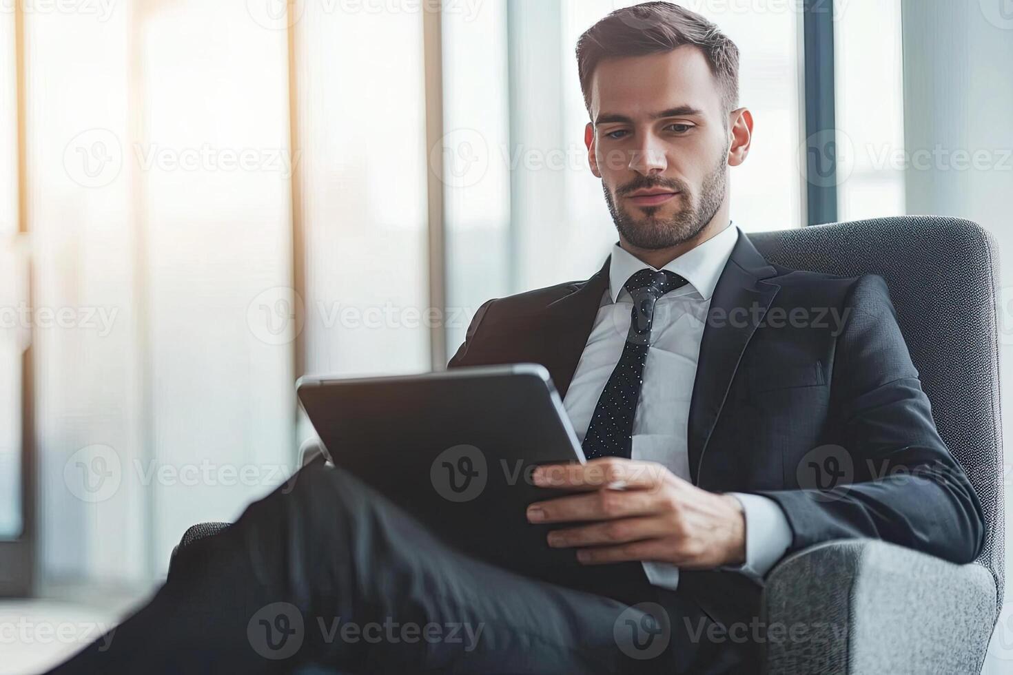 Close up of young businessman using digital tablet while sitting at his working place in office. Businessman using digital tablet photo