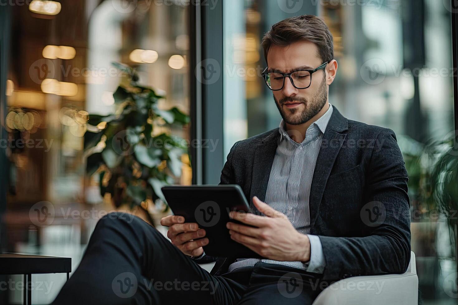 Close up of young businessman using digital tablet while sitting at his working place in office. Businessman using digital tablet photo