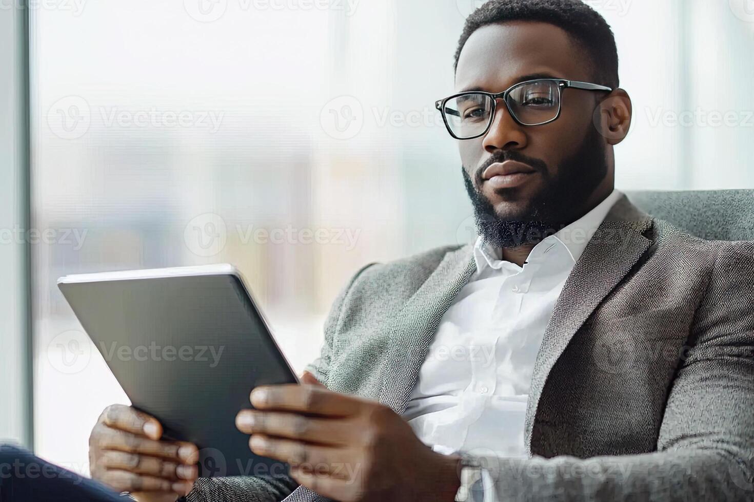Close up of young businessman using digital tablet while sitting at his working place in office. Businessman using digital tablet photo