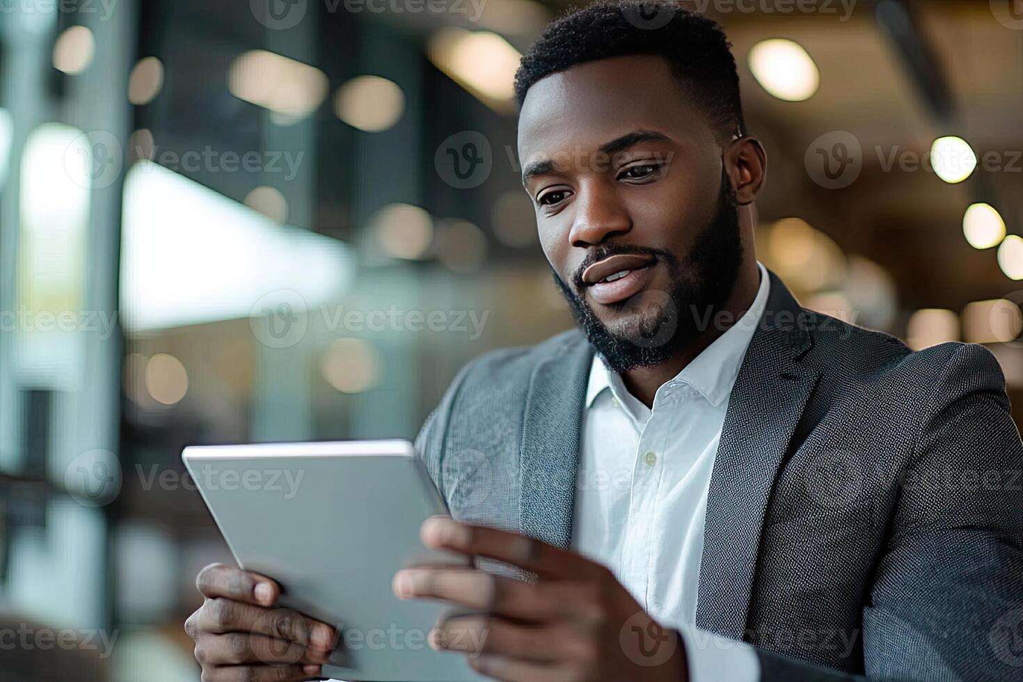 Close up of young businessman using digital tablet while sitting at his working place in office. Businessman using digital tablet photo
