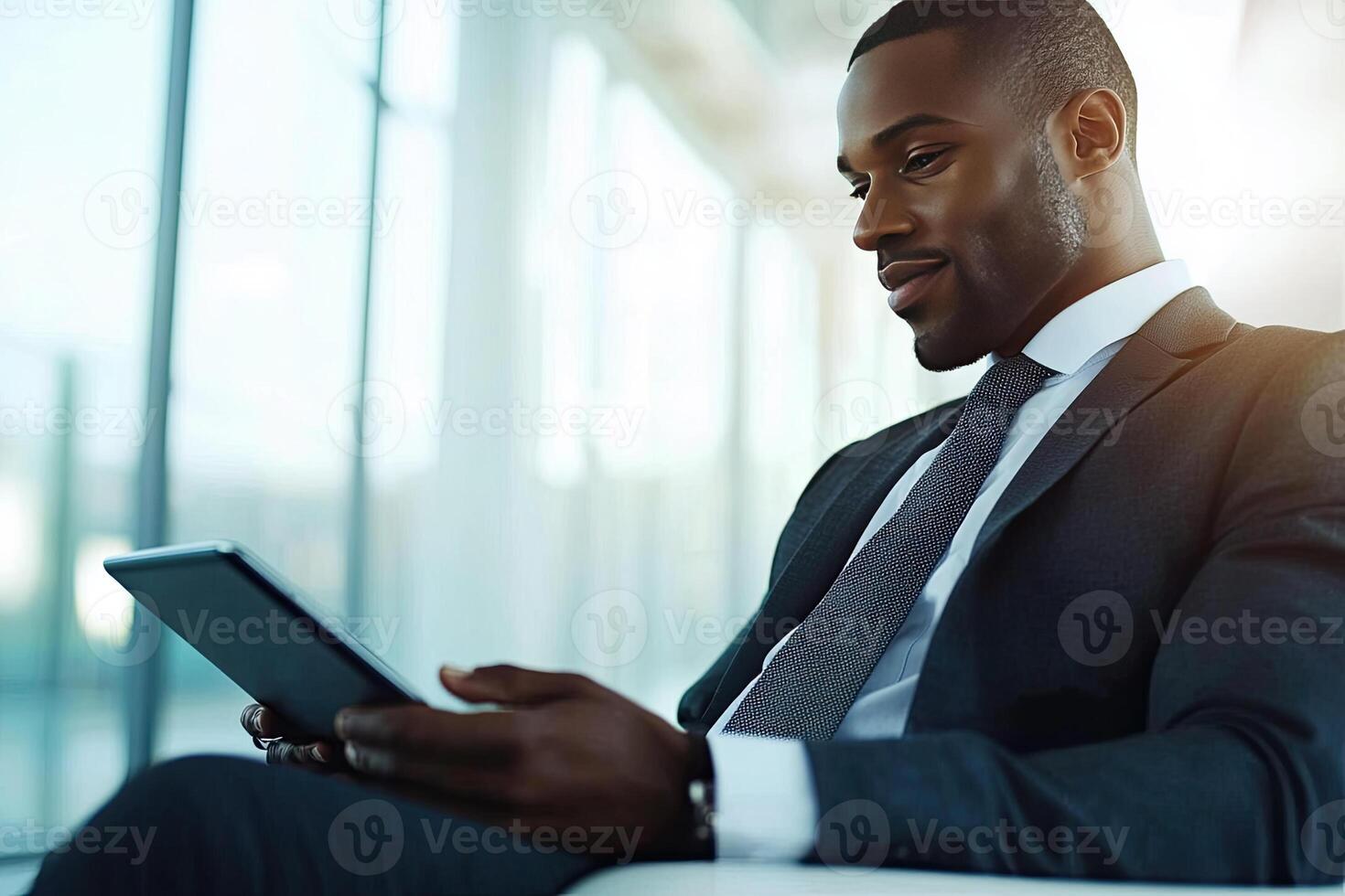 Close up of young businessman using digital tablet while sitting at his working place in office. Businessman using digital tablet photo