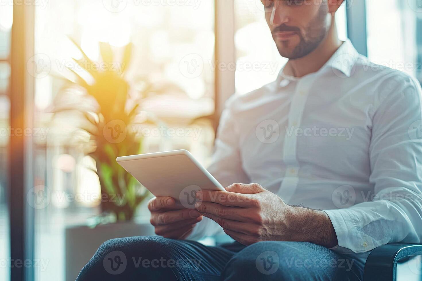 Close up of young businessman using digital tablet while sitting at his working place in office. Businessman using digital tablet photo