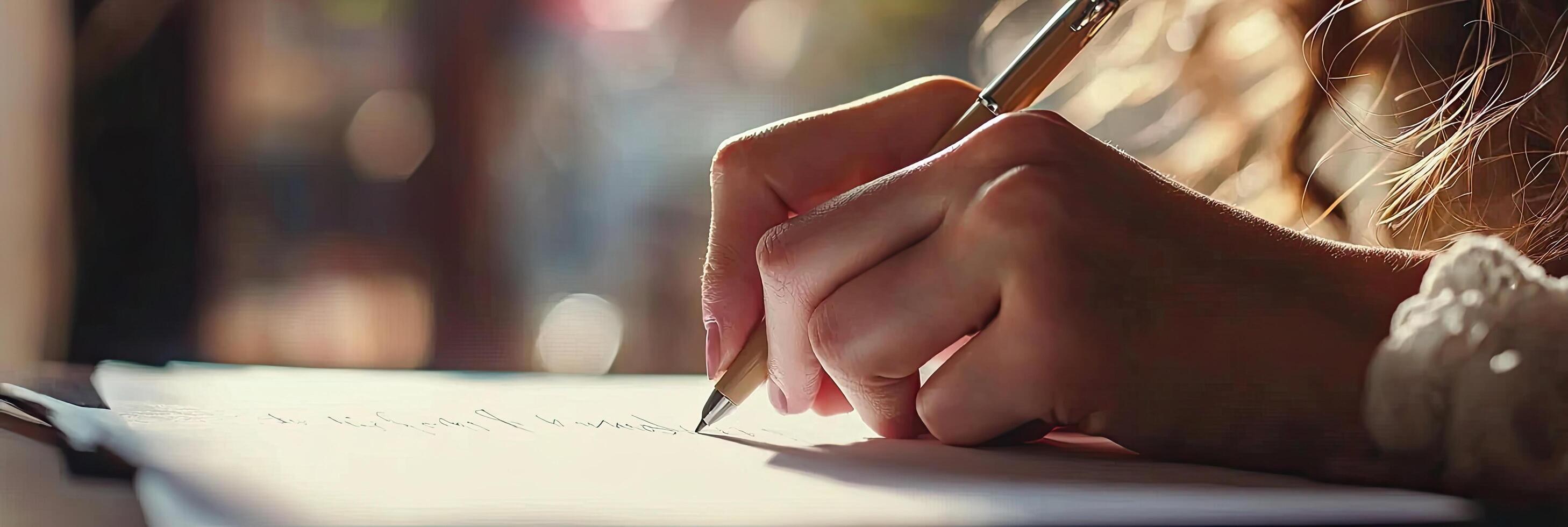 Close up of businesswoman hand signing contract or agreement with pen photo