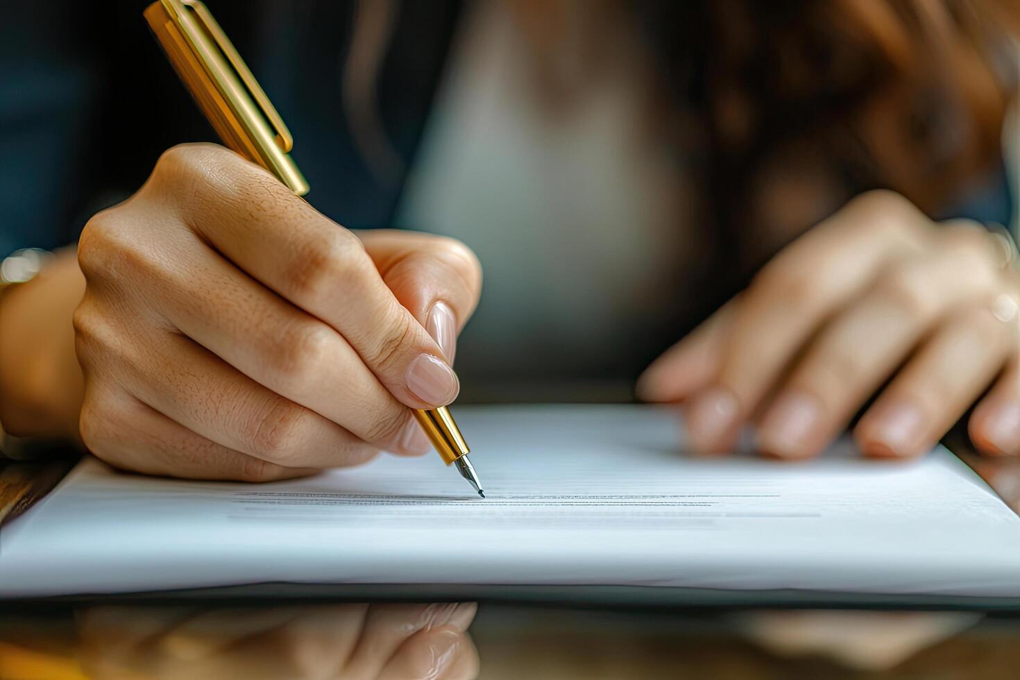 Close up of businesswoman hand signing contract or agreement with pen photo
