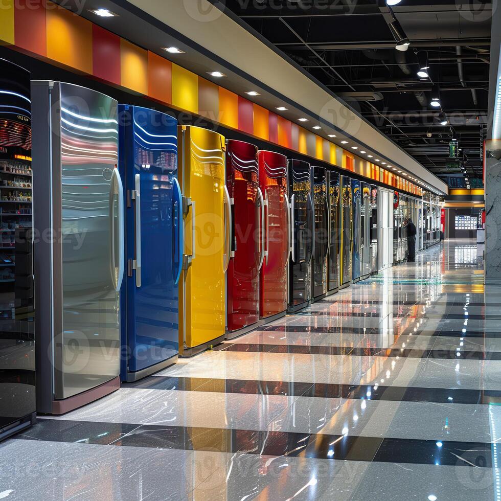 colorful row of fridges display at a household appliances store, retail environment photo