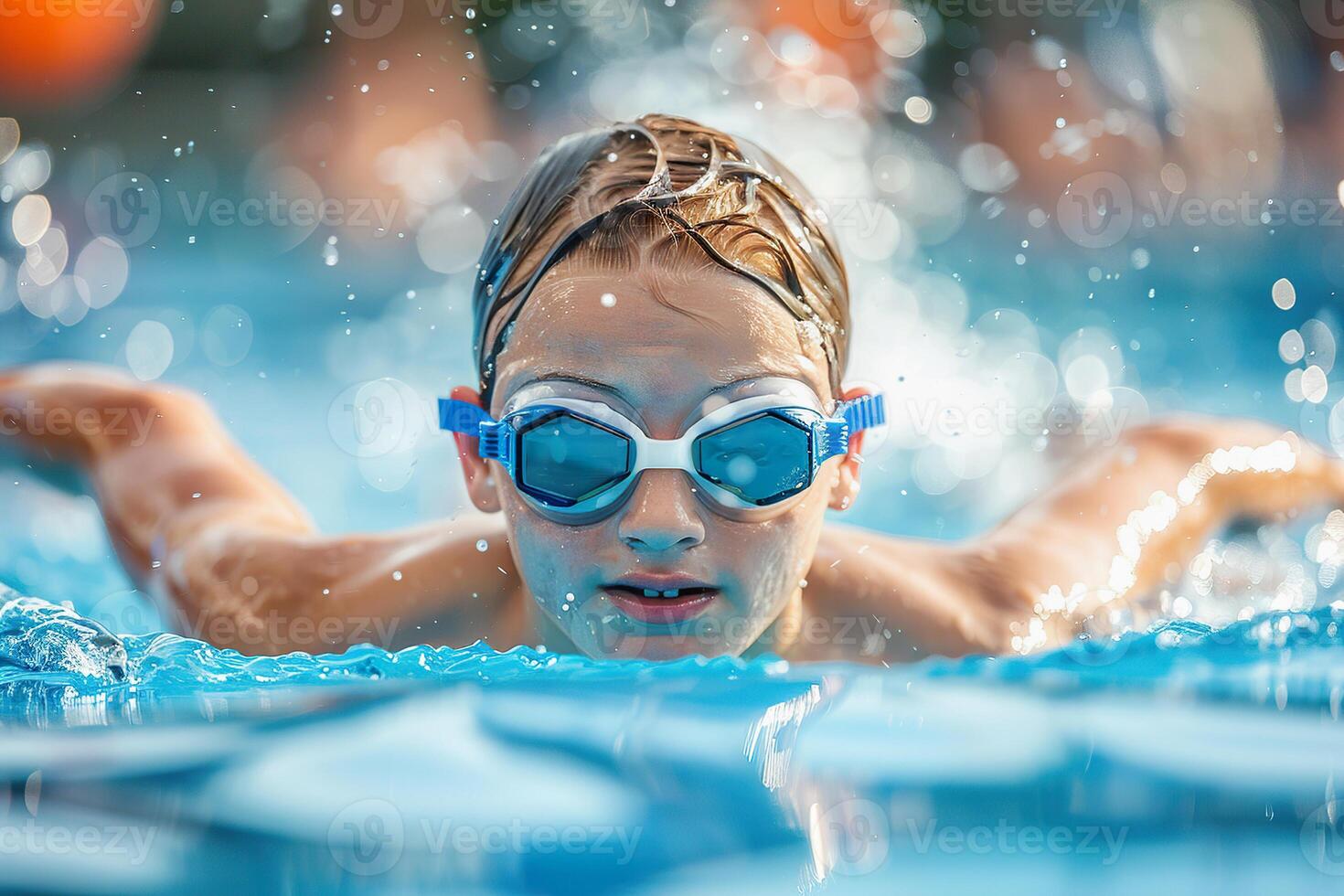 Young boy swimmer practicing in a bright, clear swimming pool. photo