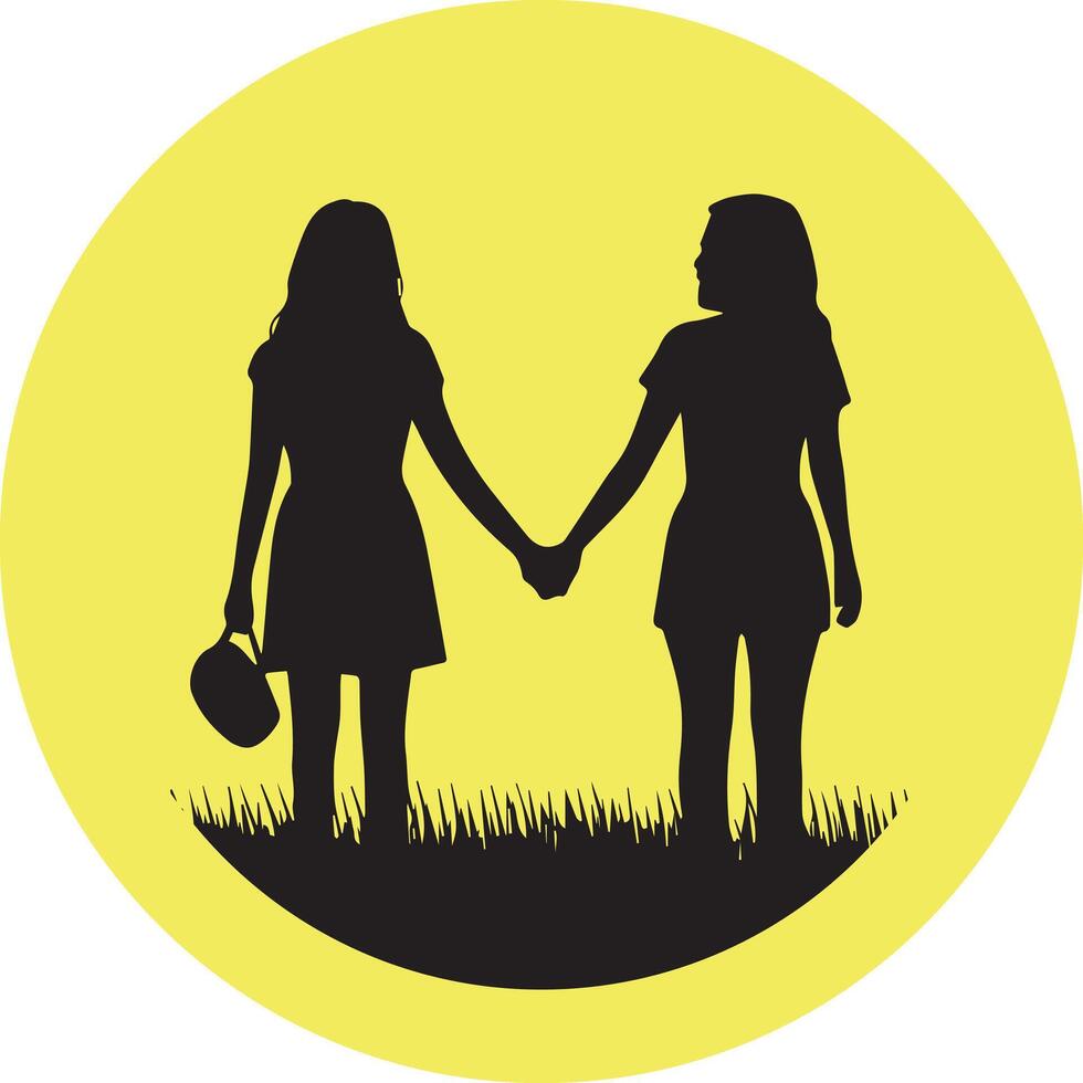 two women holding hands in the grass vector