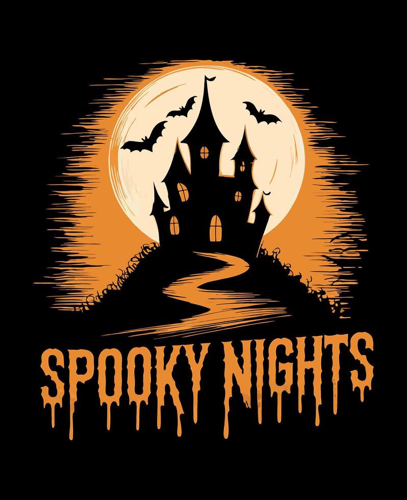 Dripping Halloween Text with Spooky Castle and Bats Illustration vector