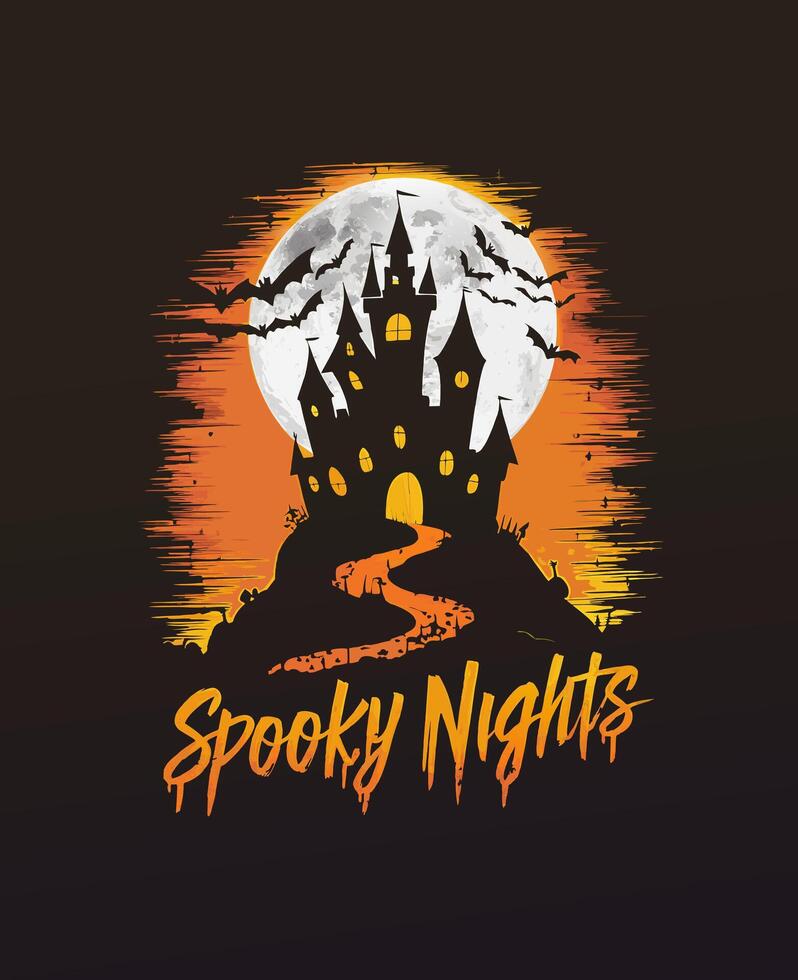 Halloween Night Design with Spooky Castle and Full Moon vector