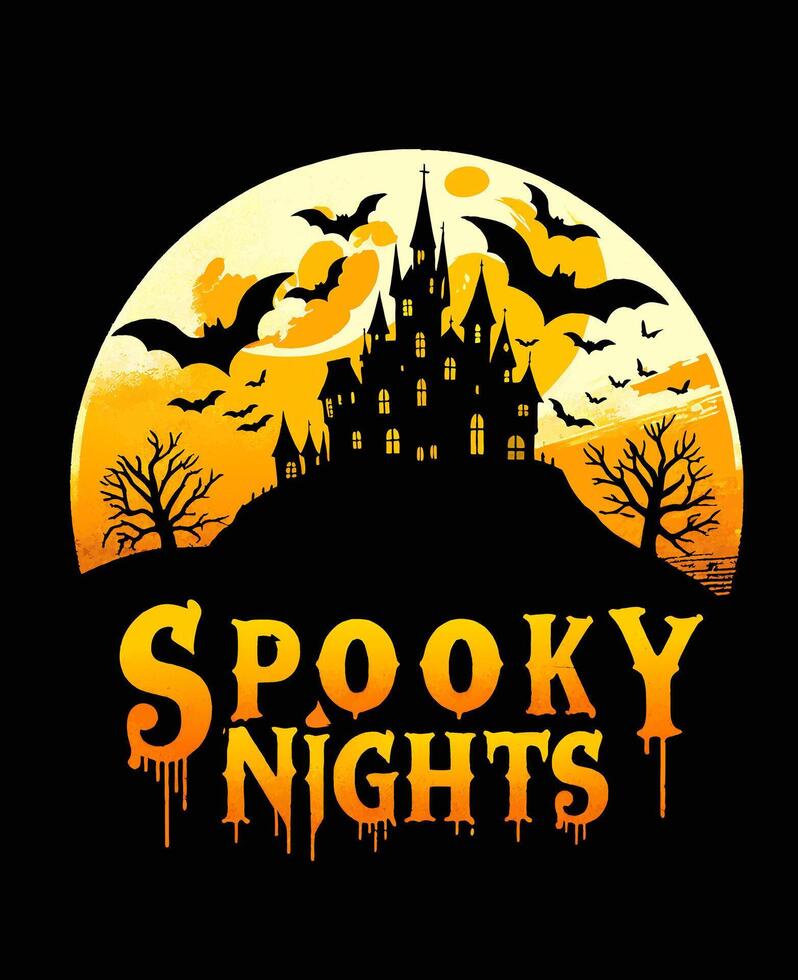 Halloween Spooky Nights Illustration with Castle and Full Moon Tshirt Design vector