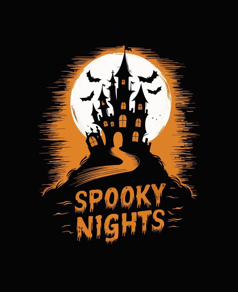 Halloween Theme, Spooky Nights with Haunted Castle and Dripping Text vector