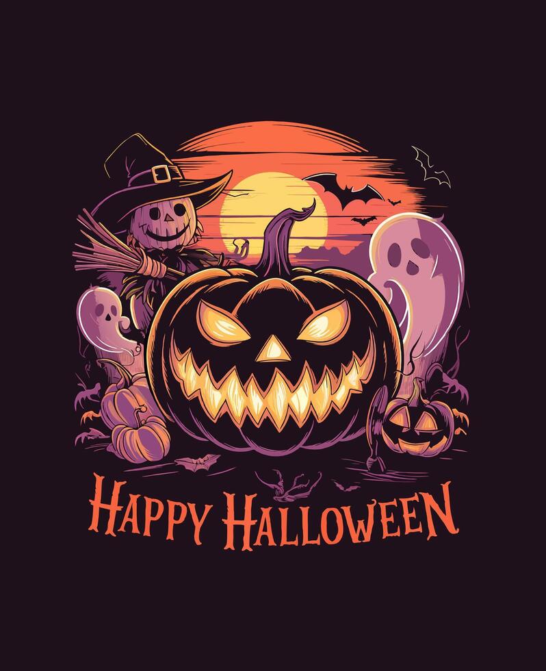 Halloween Scarecrow and Grinning Pumpkin Design for T-shirts vector