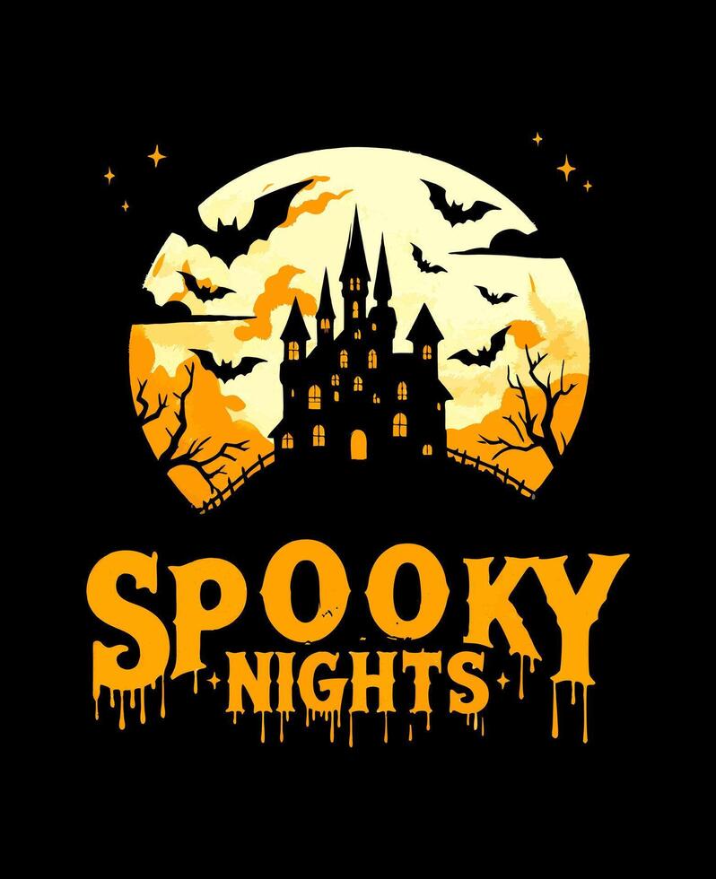 Spooky Nights Halloween Design - Haunted Castle Silhouette with Full Moon and Bats in Dripping Text Illustration T-shirt Design vector