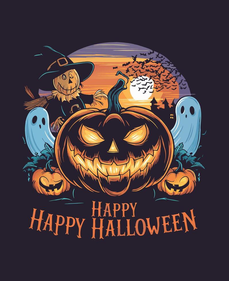 Scary Pumpkin and Scarecrow Halloween Night Design vector