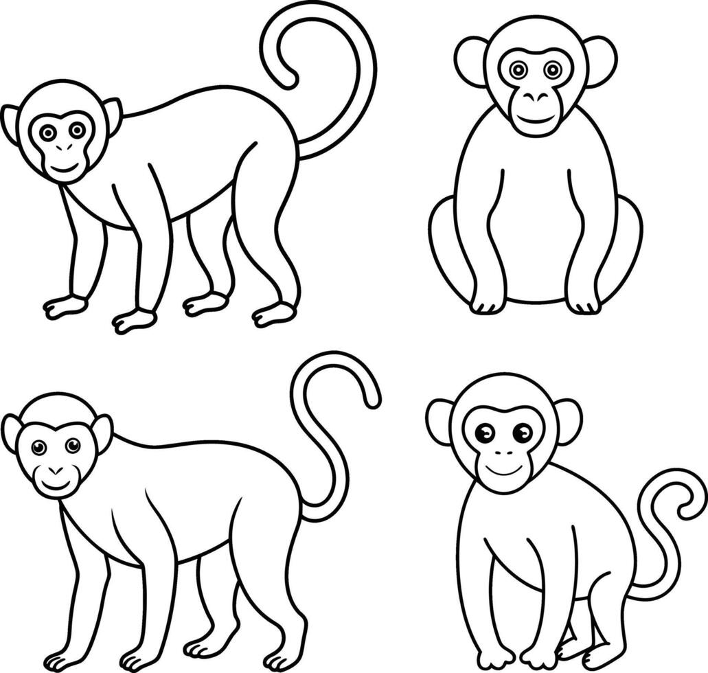 A package of monkey outline or line art or sketch illustration swinging from a tree branch with a curled tail drawn with minimalistic lines on a white background vector