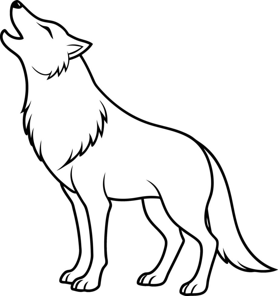 An outline illustration of a wolf, howling with its head tilted upward, drawn in a simple and bold style on a white background. vector
