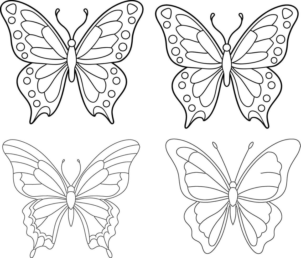Nice Butterfly outline or line art illustration package of four butterflies, wings spread in symmetrical patterns, drawn with light and intricate lines on a white background. vector
