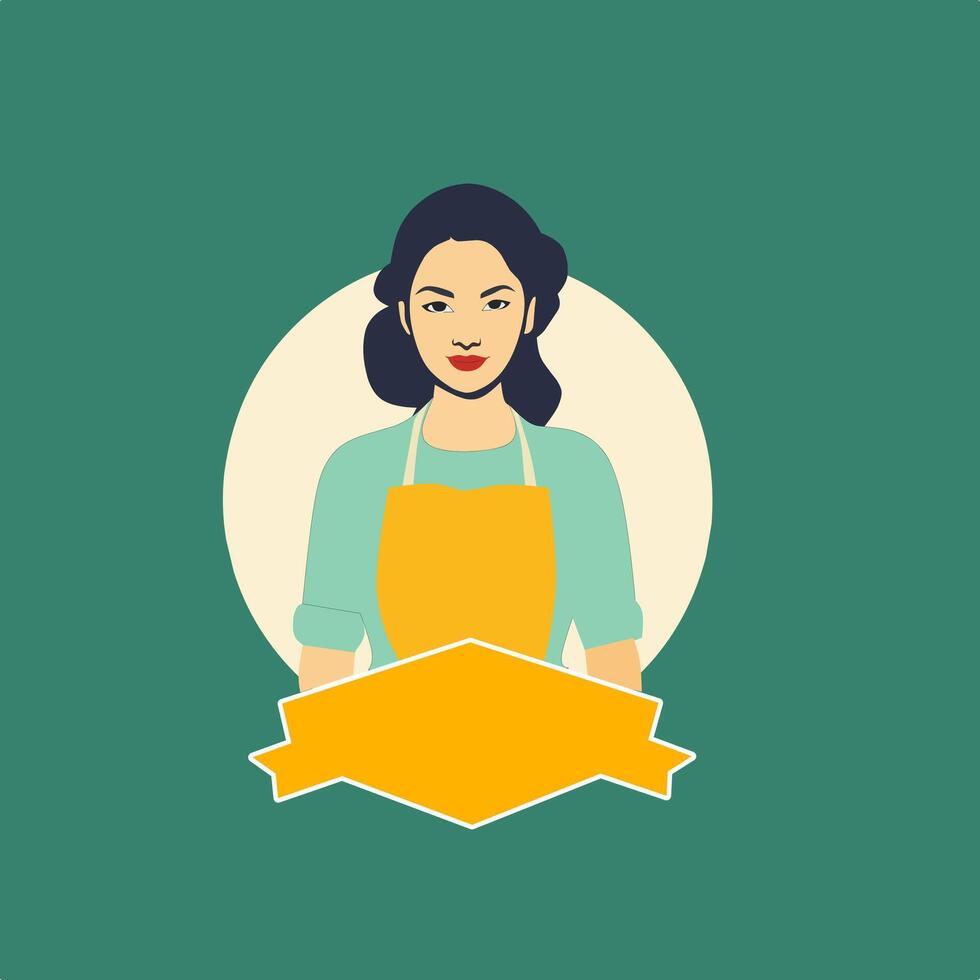 a woman in an apron holding a banner vector
