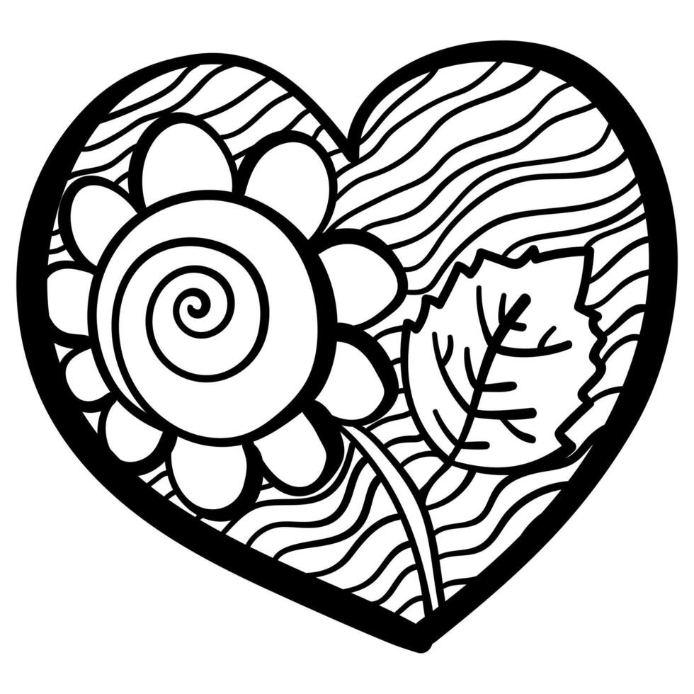 Outline heart with fantasy patterns, coloring page with a sunflower with a spiral middle vector