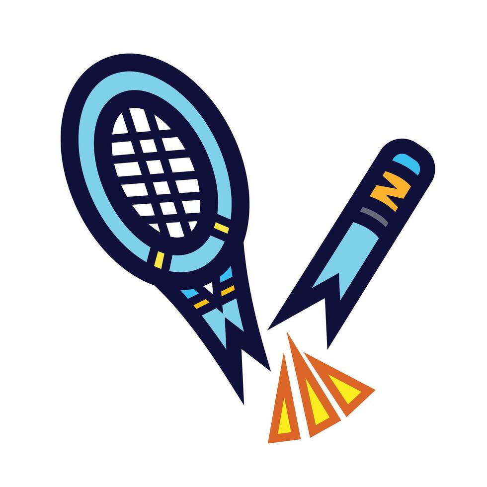 Broken blue and yellow badminton racket sport equipment colorful icon illustration isolated on square white background. Simple flat outlined cartoon art styled drawing. vector