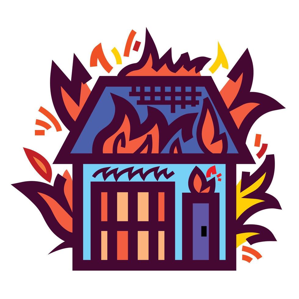 House on fire colorful icon illustration isolated on square white background. Simple flat outlined cartoon art styled drawing. vector