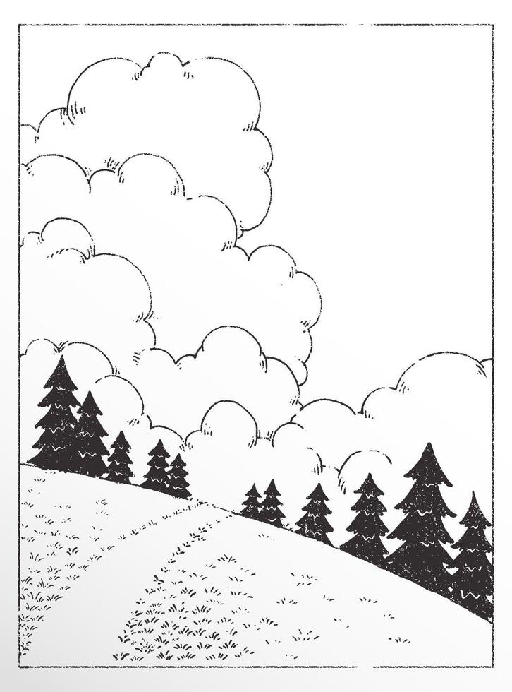 Clean and peaceful landscape line art illustration with clouds, grassy ground and some pine trees. vector