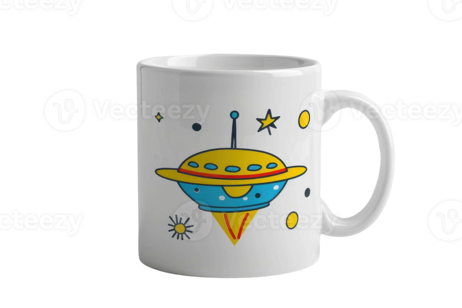 Ceramic Mug with Cartoon Alien Spaceship On Transparent Background. png