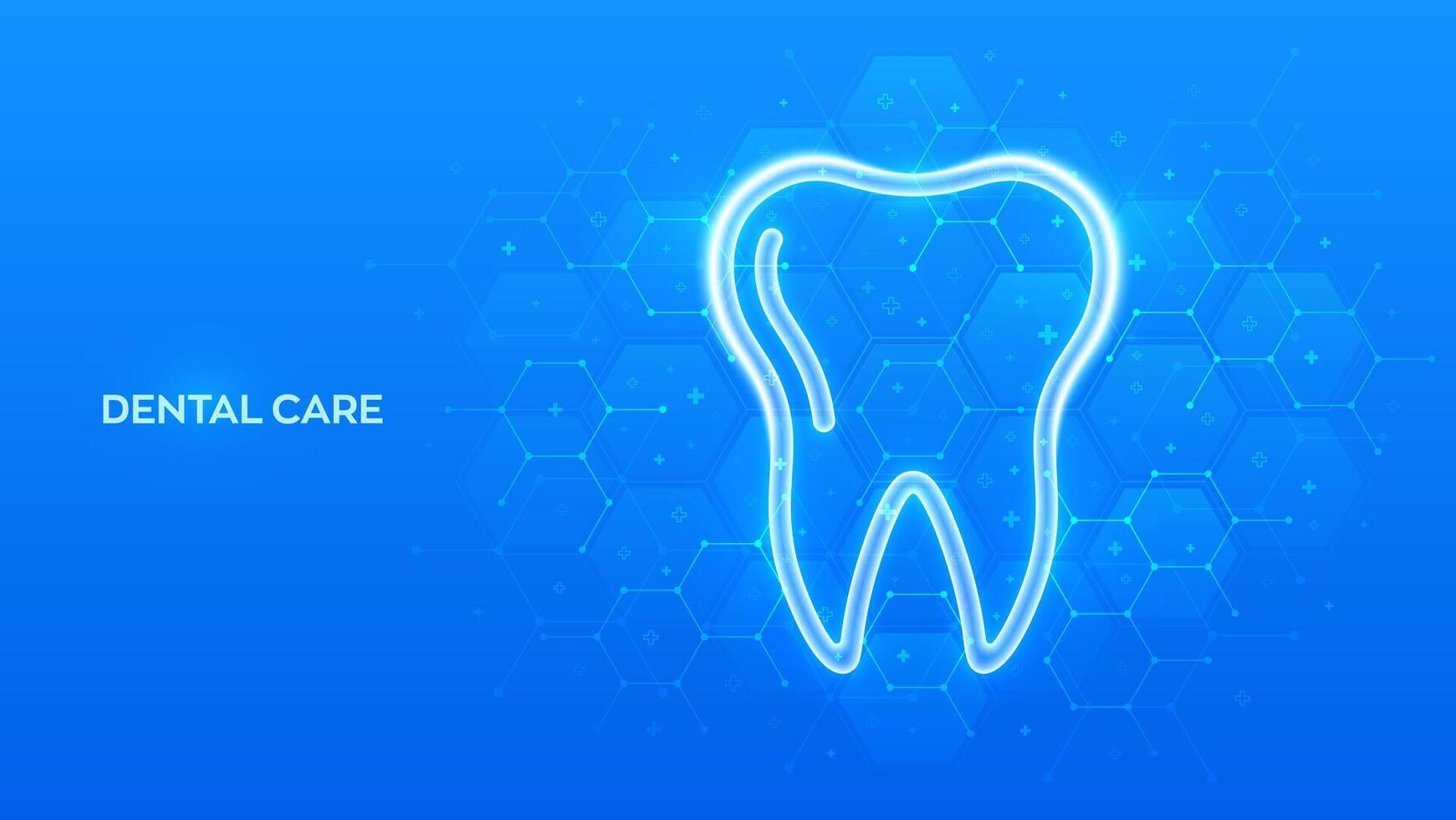 Tooth icon. Dental care, taking care of teeth. Dental servises. Dentistry, Orthodontic concept. Dental insurance. Molecular structure. Blue medical background with hexagons. illustration. vector