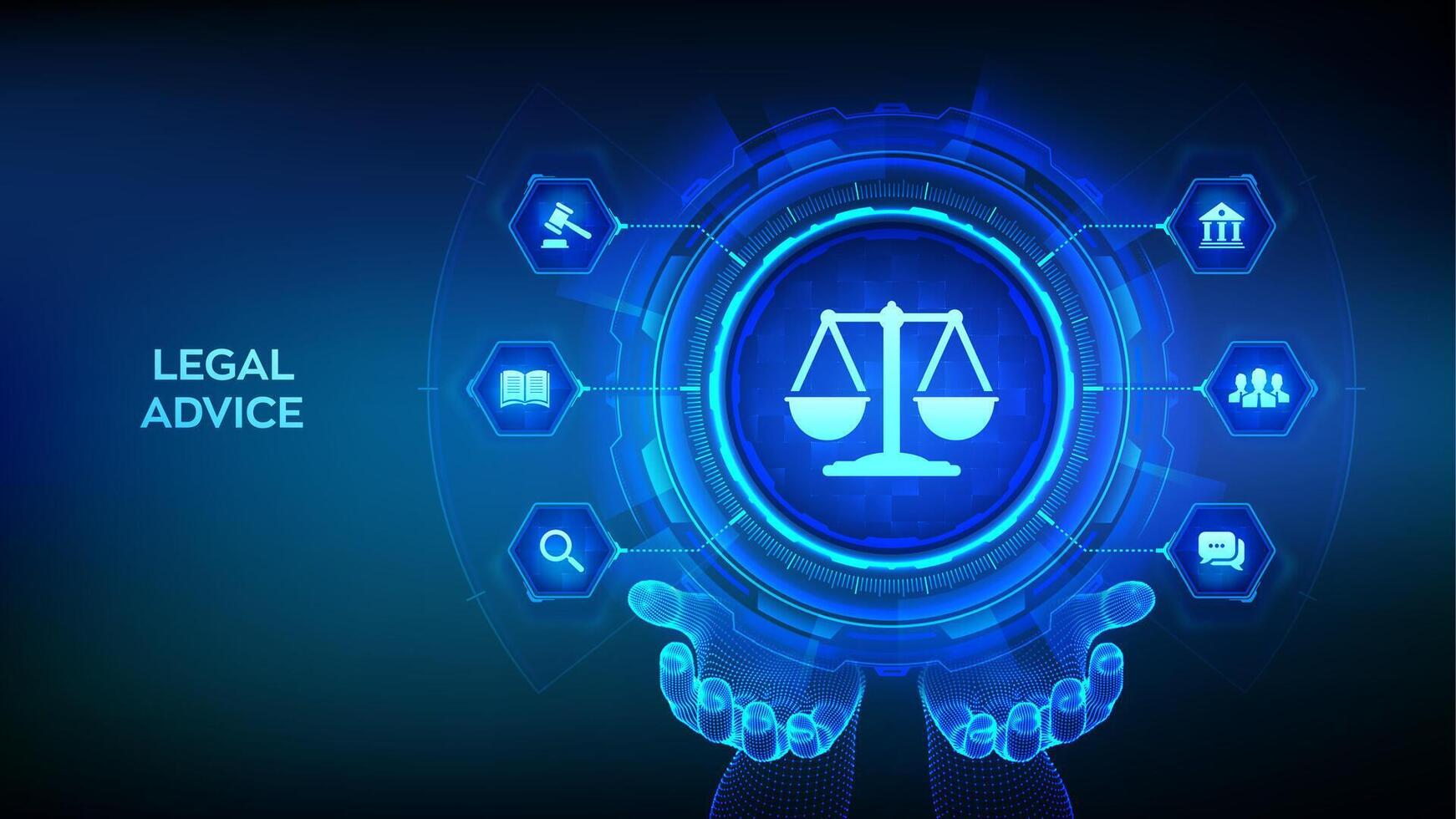 Labor law, Lawyer, Attorney at law, Legal advice concept on virtual screen. Internetlaw and cyberlaw as digital legal services or online lawyer advice. Law sign in wireframe hans. illustration. vector