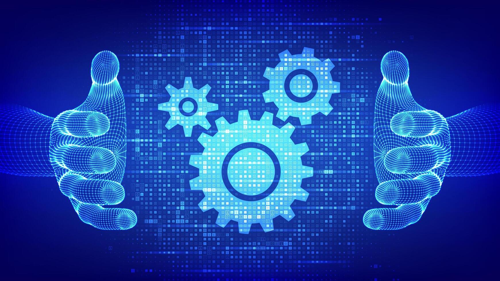 Automation Software concept. IOT, Innovation, productivity in technology and business processes. Gears icons made with binary code in wireframe hands. Digital code background with digits 1.0. . vector